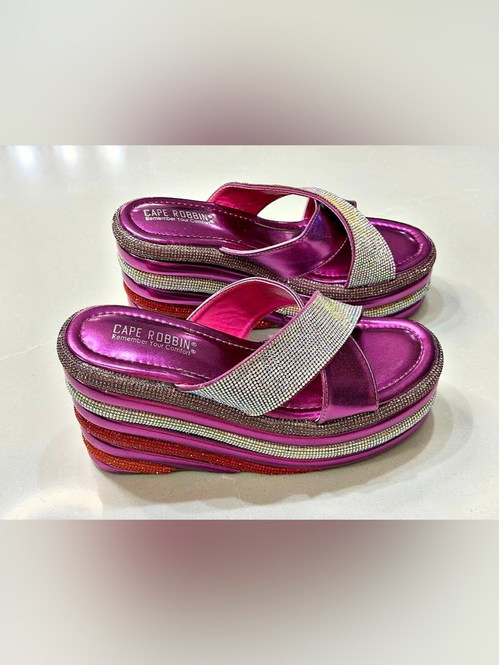 CAPE ROBBIN Betsy Pink Rhinestone Wedge Platform Slide Sandals Size 8 Y2K Glam